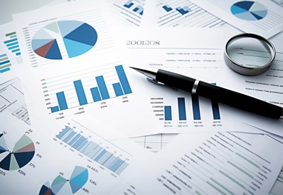 グラフが書かれたたくさんの資料の写真